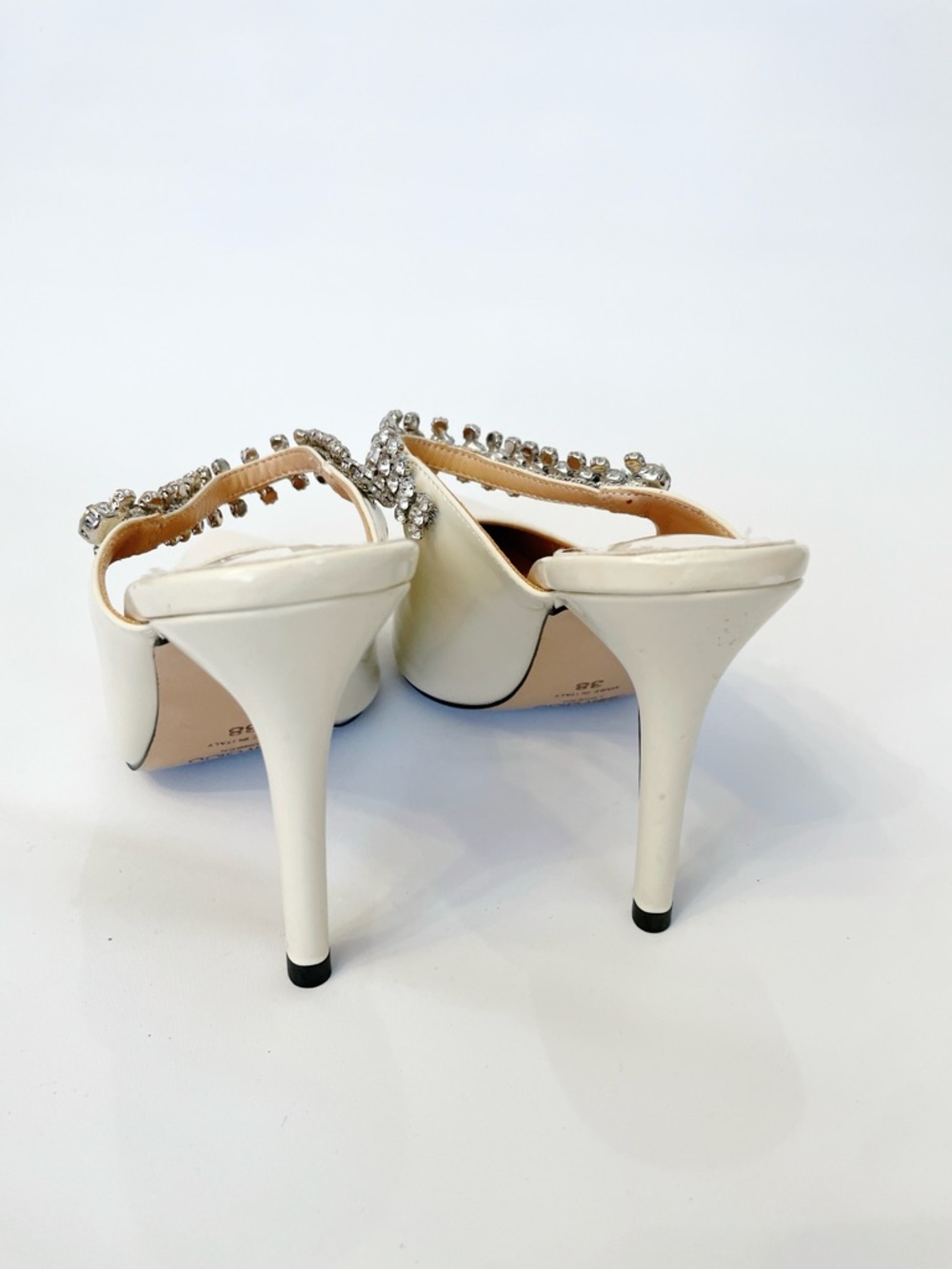 Jimmy Choo Bing 100MM Embellished Patent Leather Mules Ivory Crystal womens 7 38 - Picture 4 of 10